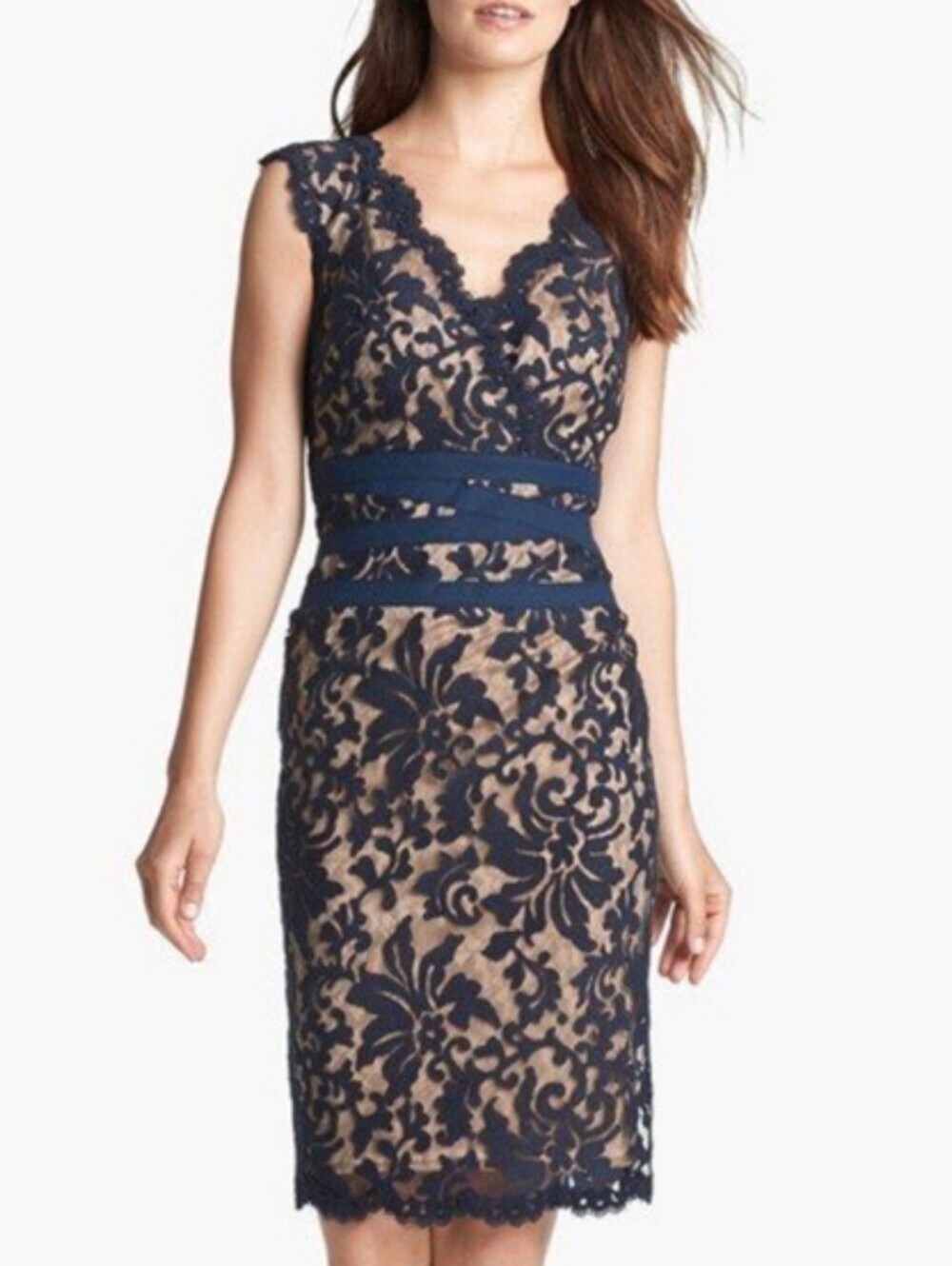 Tadashi Shoji Lace Sheath Dress Navy Blue Tan Beige